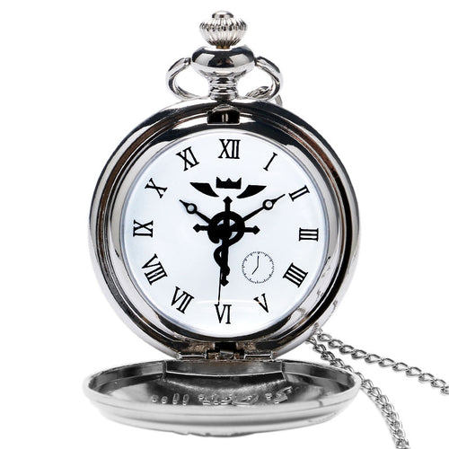 2019 Silver/Bronze Tone Fullmetal Alchemist Pocket Watch Cosplay Edward Elric Anime Design Boys Pendant Necklace Chain Best Gift